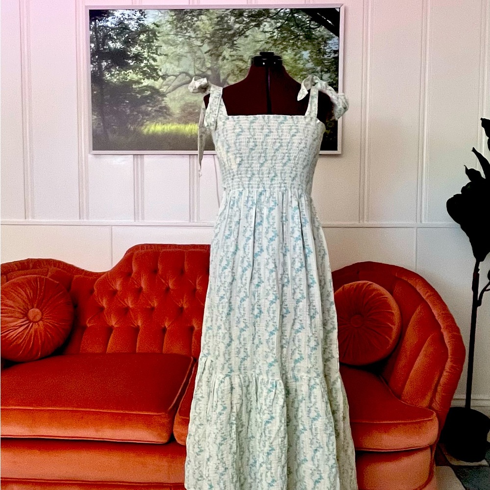 Smocked Prairie Dress Cotton Blue Ditsy Print by Nothing Fits But unused NWT S M